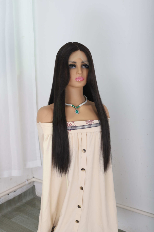 Parūka SZ-22 no Xinyi: gara taisnas mati ar sānu bangs, pilnīgi rokām adīta, augstas temperatūras vads