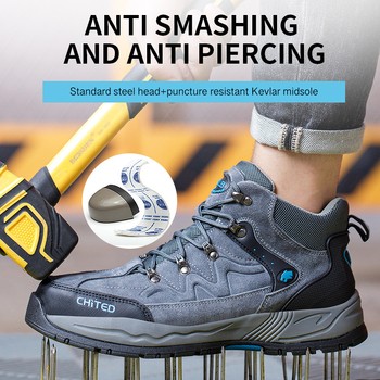 Velūriniai turistiniai bateliai su vidutinio aukščio viršutine, plieninis pirštų gaubtas, smūgių ir perforacijos atsparumas