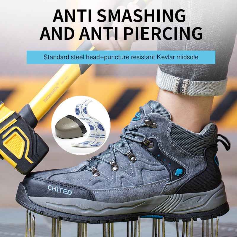 Velūriniai turistiniai bateliai su vidutinio aukščio viršutine, plieninis pirštų gaubtas, smūgių ir perforacijos atsparumas