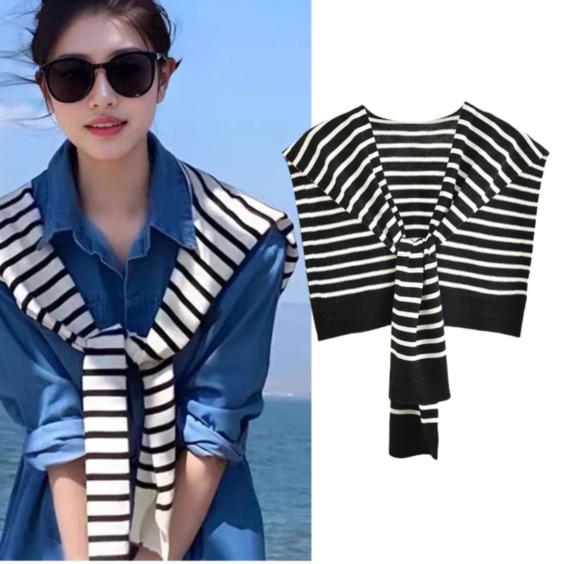 Adīts šalles stilā, ar svītrainu blokrakstu, divējāda izmantošana sievietēm – visu gadalaiku