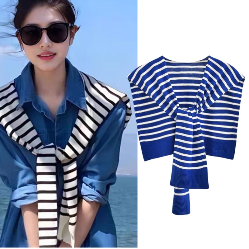 Adīts šalles stilā, ar svītrainu blokrakstu, divējāda izmantošana sievietēm – visu gadalaiku