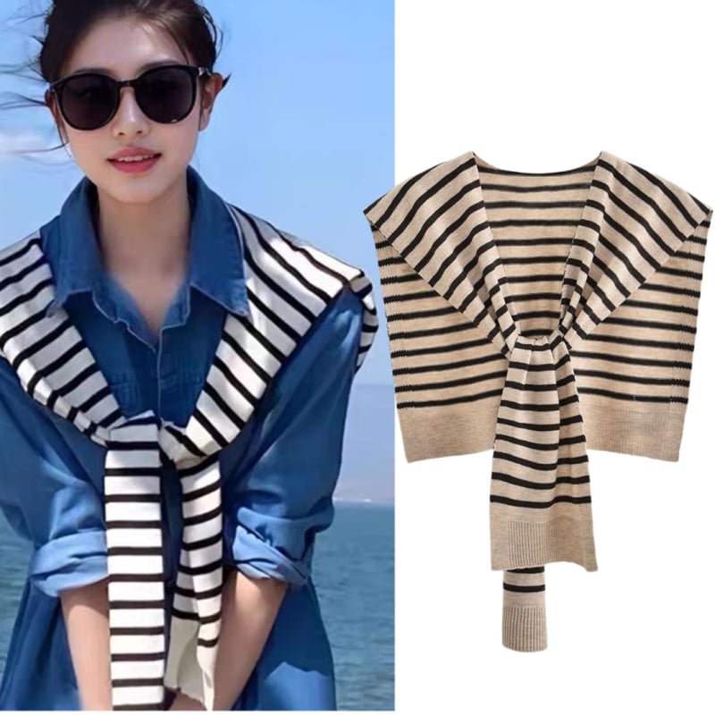 Adīts šalles stilā, ar svītrainu blokrakstu, divējāda izmantošana sievietēm – visu gadalaiku