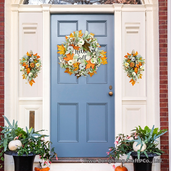 Plastmassist sügispärg koos kõrvitsa, jänese kõrvade lehtede ja marja garlandiga esiku ukse dekoratsiooniks, Zonghong