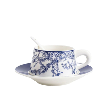 Keramički set šalice za kavu i tanjurić, lagan luksuzni retro stil, cvjetni uzorak, darovni paket za parove