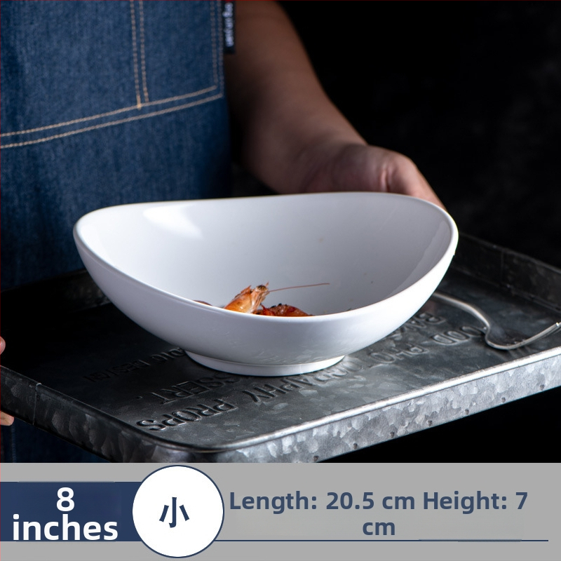 Porcelininis dubuo su neįprasta forma, skirtas ramenams ir salotoms, su įspaustu logotipu, galimybė pritaikyti apdorojimą