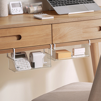 Coș suspendat sub masă – tip cârlig, PET transparent + fier, 1 etaj, multifuncțional