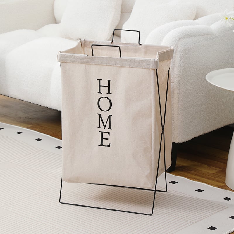 Koš za rublje sa stalkom od kovanog željeza, sklopivi platneni koš, moderni minimalistički dizajn; materijal: poliester-bavlano platno i poliester len