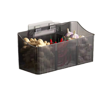 Skaidrus sieninis sandėliavimo krepšelis česnakui, imbierui ir svogūnams – plastikas, be skylių, virtuvės organizatorius