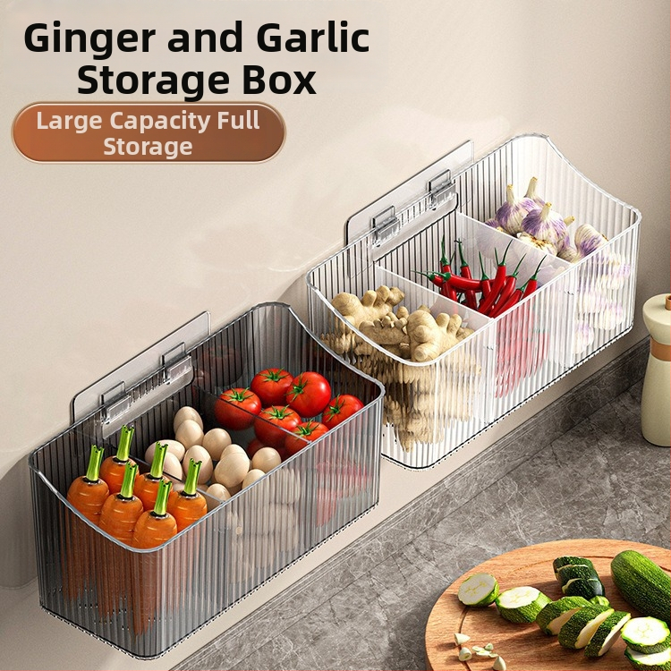 Skaidrus sieninis sandėliavimo krepšelis česnakui, imbierui ir svogūnams – plastikas, be skylių, virtuvės organizatorius