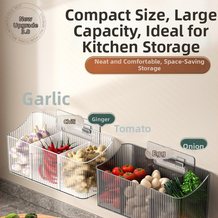 Skaidrus sieninis sandėliavimo krepšelis česnakui, imbierui ir svogūnams – plastikas, be skylių, virtuvės organizatorius
