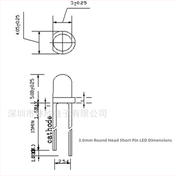 LED lampos karoliukas, oranžinės spalvos, kištukiniai, apvalios galvutės 3.0 mm, darbinė įtampa 2.0 V, srovė 20 mA, bangos ilgis 600–610 nm, spindulio kampas 30°, San'an lustas