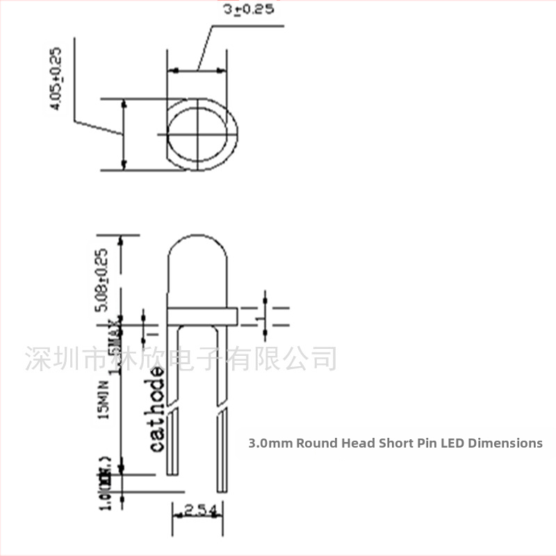 LED lampas lodīte, oranža, pieslēdzams, apaļa galviņa 3.0 mm, darba spriegums 2.0 V, strāva 20 mA, viļņa garums 600–610 nm, starojuma leņķis 30°, San'an čips
