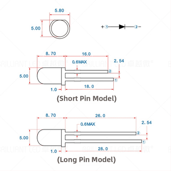 F5 LED lemputės karoliukas, 20 mA, 3.0–3.4 V, 0.06 W, 20° sklaidos kampas, Sanan čipas