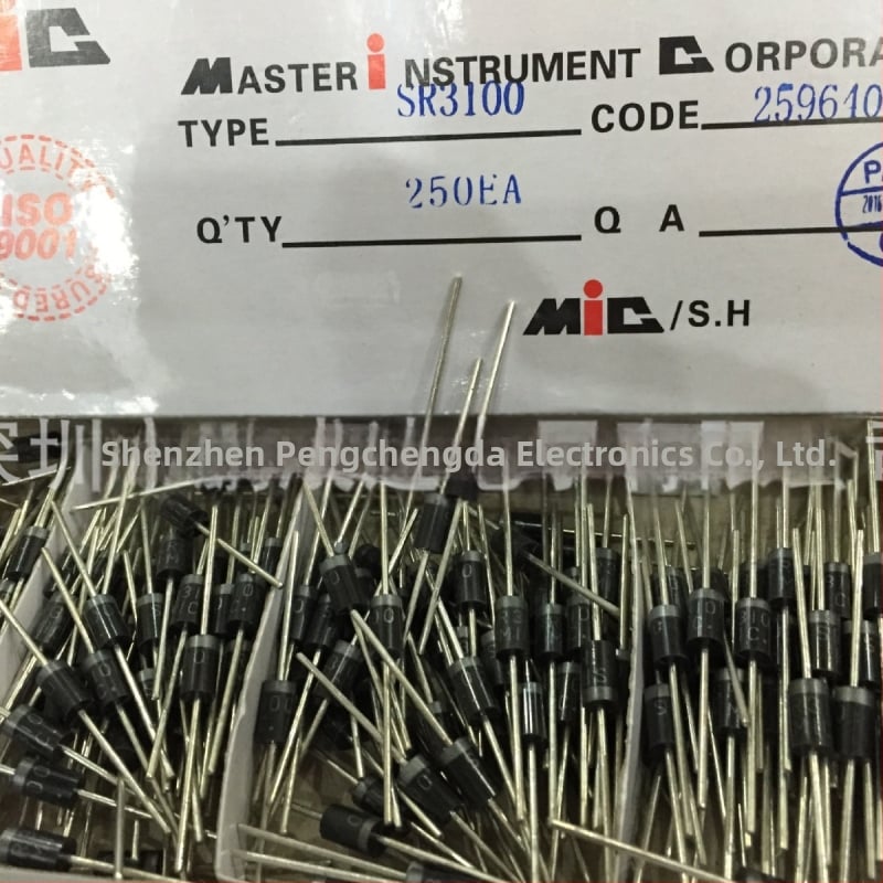 Schottky diodų SR3100 - 3 A, 100 V, Vf 100, 2 kontaktai, 25–150 °C