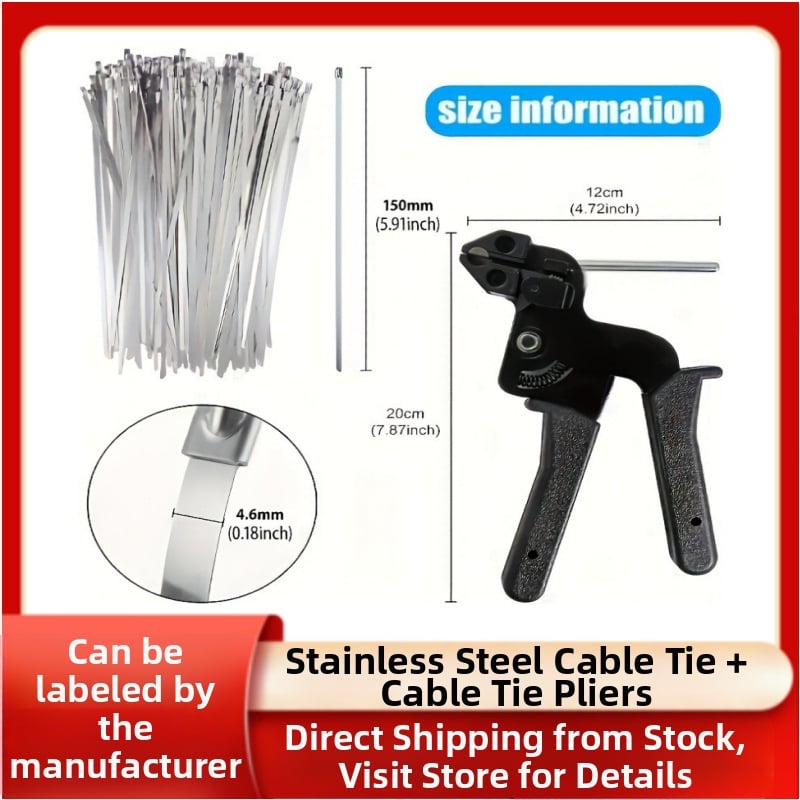 Automatiškai užrakinančios kabelių juostos kabelių kanalams, iš 304 nerūdijančio plieno, įtrauktos replės, pakuotė 100 vnt.
