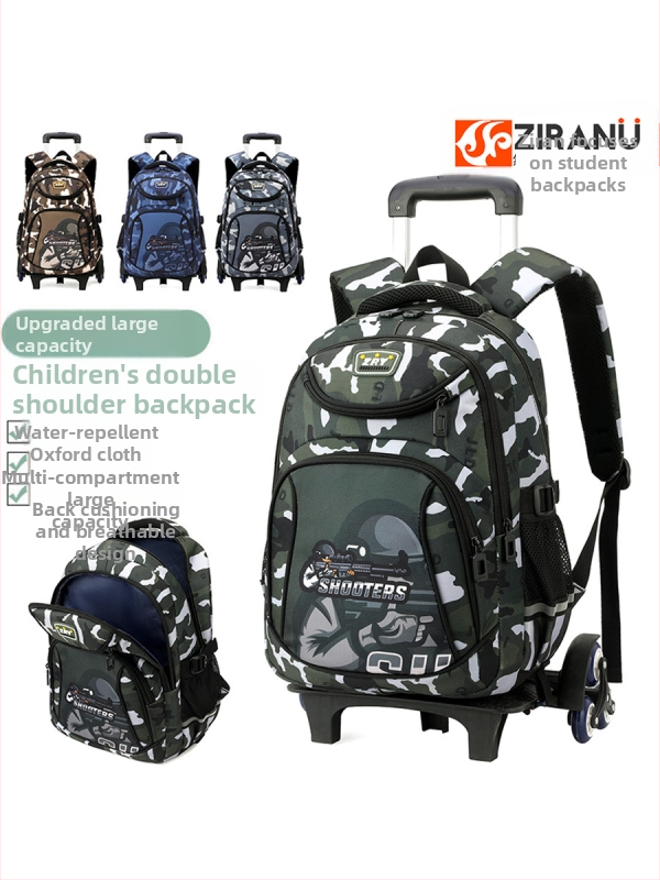 Rulėnė mokyklinė kuprinė berniukams, pradinėms klasėms, Oxford audinys, dryžuotas raštas, modelis 5160#, naštos lengvinimas, atspari vandeniui, atspari dėvėjimuisi, vienpusiai ratukai