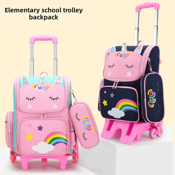 Trolinė mokyklos kuprinė mergaitei, pradinė mokykla, poliesteris, apkrovos mažinimas, vienos krypties ratai