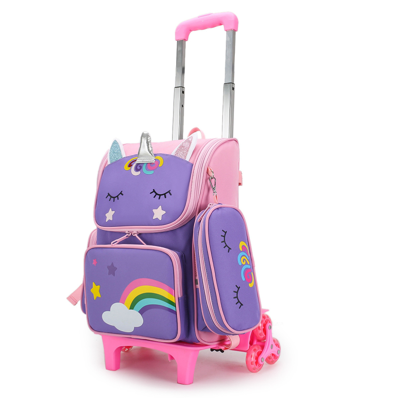 Trolinė mokyklos kuprinė mergaitei, pradinė mokykla, poliesteris, apkrovos mažinimas, vienos krypties ratai