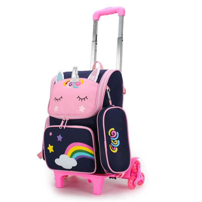 Trolinė mokyklos kuprinė mergaitei, pradinė mokykla, poliesteris, apkrovos mažinimas, vienos krypties ratai