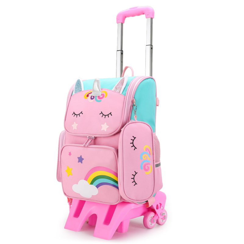 Trolinė mokyklos kuprinė mergaitei, pradinė mokykla, poliesteris, apkrovos mažinimas, vienos krypties ratai