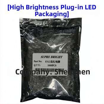 F3 LED karoliukai – aukšto ryškumo, srovė 20 mA, įtampa 1.8–2.2 V, galia 0.06 W, San'an lustas, 30° šviesos kampas