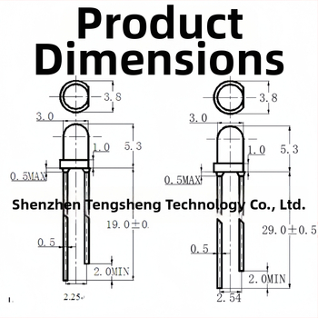 F3 LED karoliukai – aukšto ryškumo, srovė 20 mA, įtampa 1.8–2.2 V, galia 0.06 W, San'an lustas, 30° šviesos kampas