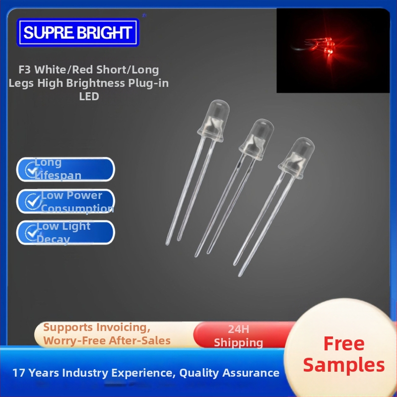 F3 LED krelles – augsta spilgtuma, strāva 20 mA pie 1.8–2.2 V, jauda 0.06 W, San'an čips, 30° staru leņķis