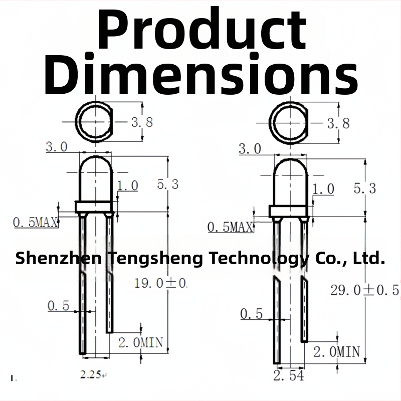 F3 LED krelles – augsta spilgtuma, strāva 20 mA pie 1.8–2.2 V, jauda 0.06 W, San'an čips, 30° staru leņķis