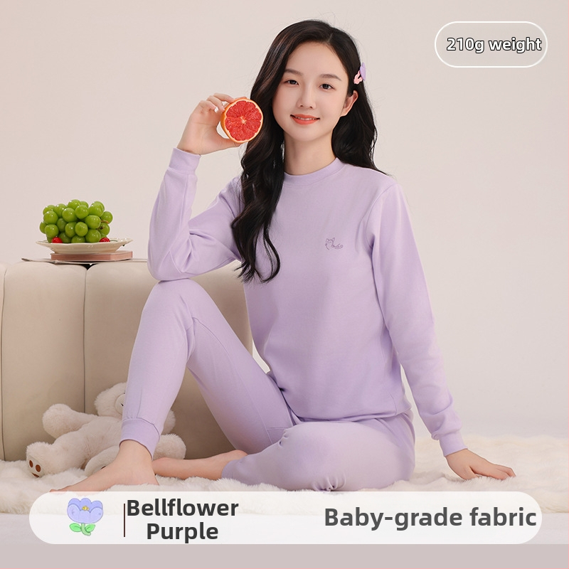 Mergaitėms skirtas medvilninis terminis pižamos komplektas – apvalios kaklo viršūnė ir kelnės, nuo 8 metų, 100% medvilnė, išlaiko šilumą