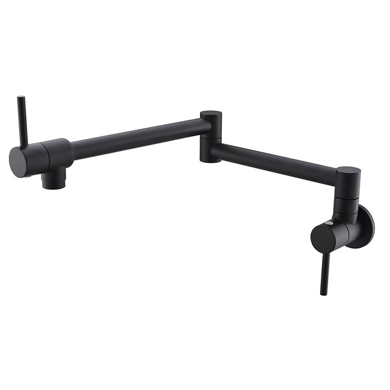 Стенно монтиран сгъваем кран за кухненска мивка с телескопичен въртящ се носик, неръждаема стомана, вход 1/2 инча, медно клапанно ядро, матова повърхност