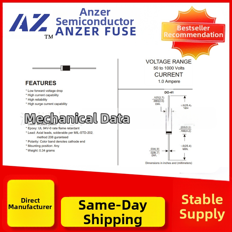 Dioda 1N4007M71A1000Vdo-41 Plug-In izlīdzināšanas diode, ātra atjaunošana, silīcija