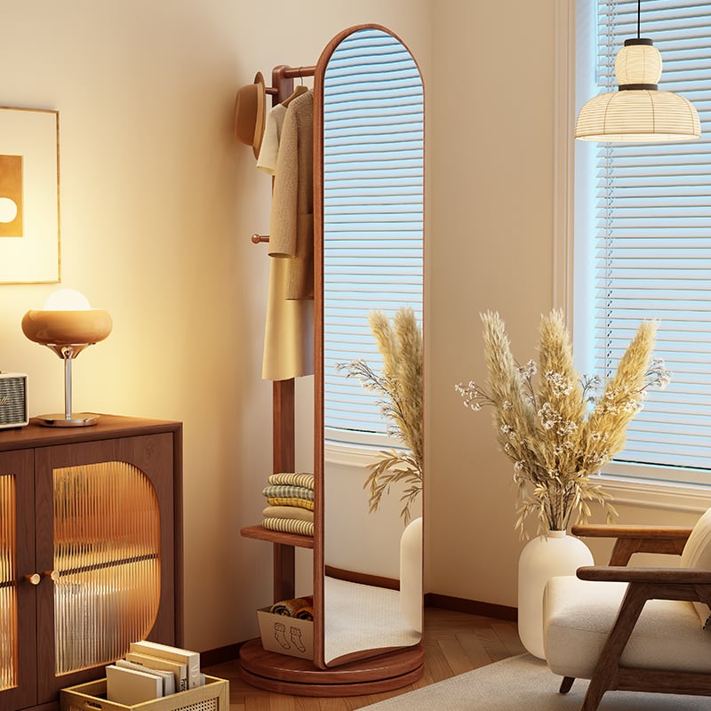 Ξύλινος περιστρεφόμενος καθρέφτης ντυσίματος με κρεμάστρα ρούχων – πλαίσιο από καουτσούκ ξύλο, απλός μοντέρνος στυλ, επιδαπέδιος καθρέφτης
