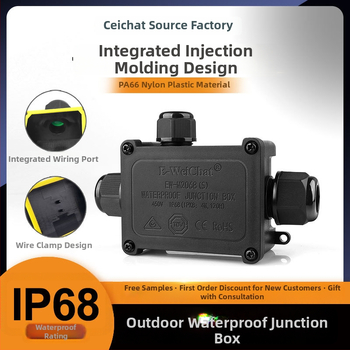 Išorinė vandeniui atspari LED skirstyklos dėžutė, 1 įvestis, 2 išvestys, plastikinė dėžė, modelis EW-M2068(S)-3T