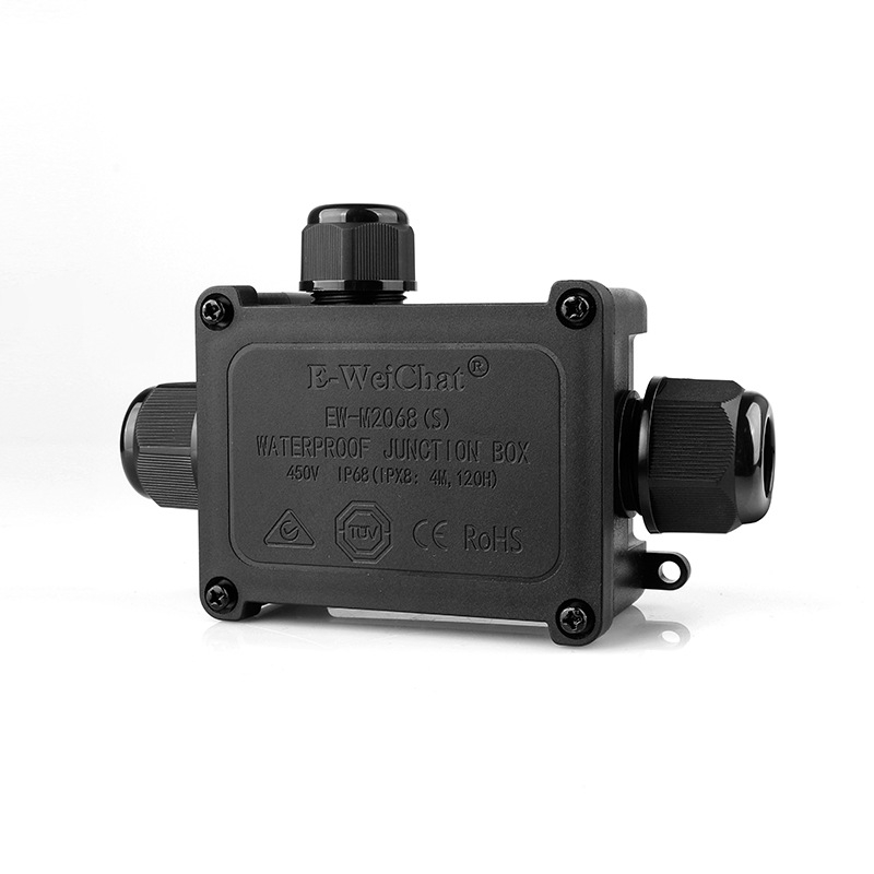 Cutie de joncțiune LED impermeabilă pentru exterior, 1 intrare, 2 ieșiri, carcasă din plastic, model EW-M2068(S)-3T