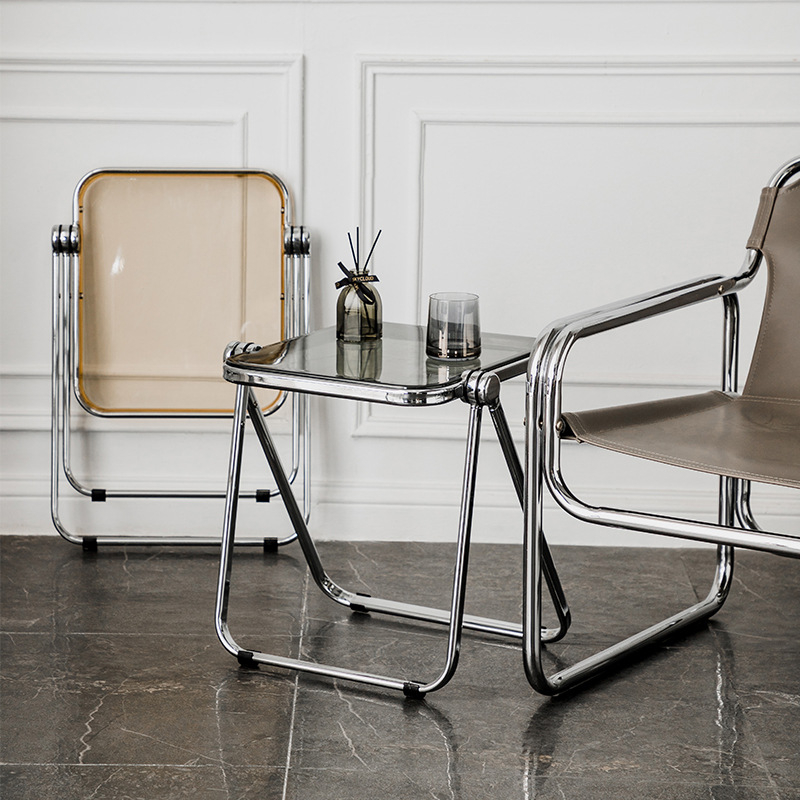 Πτυσσόμενη διαφανής ακρυλική πλευρική τραπεζάκι με μεταλλικό σκελετό και τετράγωνες γωνίες