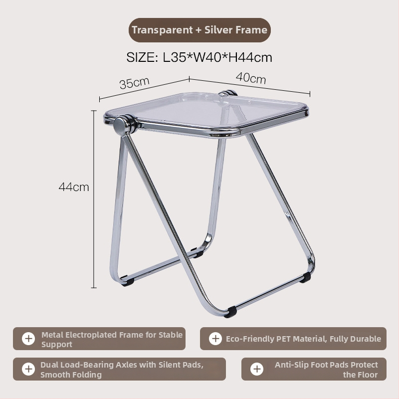 Sulankstomas skaidrus akrilinis šoninis staliukas su metalo rėmu, kvadratiniais kampais