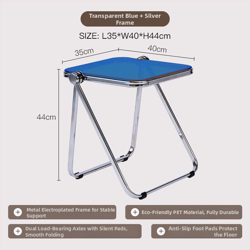 Sulankstomas skaidrus akrilinis šoninis staliukas su metalo rėmu, kvadratiniais kampais