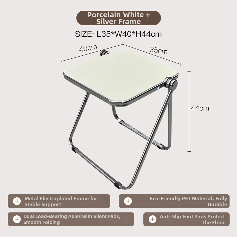 Sulankstomas skaidrus akrilinis šoninis staliukas su metalo rėmu, kvadratiniais kampais