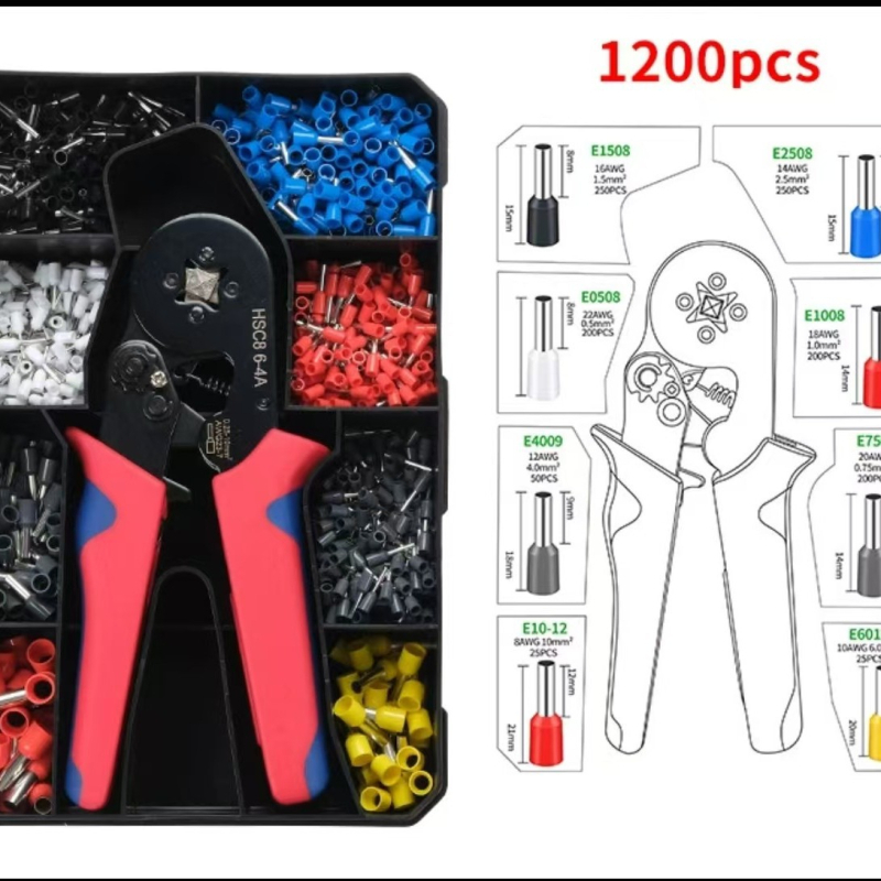 Bloc terminal de tip tubular, presare la rece, set plastic cu 1200 bucăți și clește de sertizare