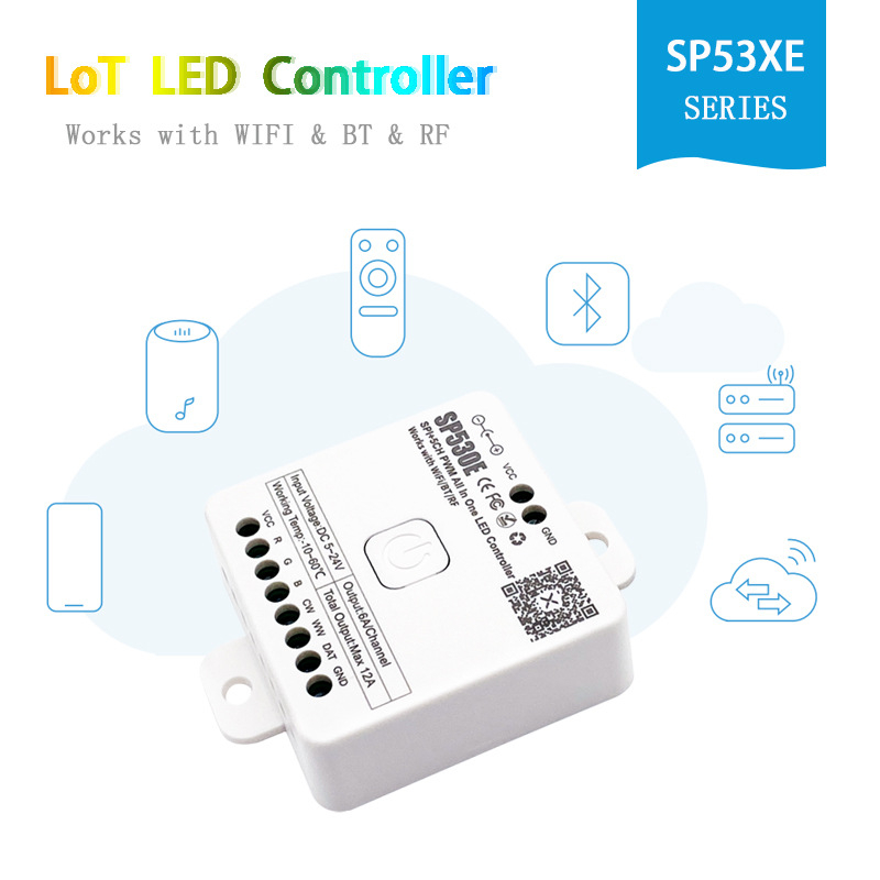 SP530E IoT LED valdiklis su dviejų režimų pagrindine mikroschema (Model SP530E, Prekė HELIGHT, Įtampa DC5-24V, Valdymo metodas Bluetooth programėlė ir nuotolinis valdymas, Valdymo diapazonas 10-20 m)