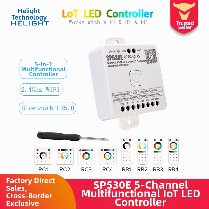 SP530E IoT LED valdiklis su dviejų režimų pagrindine mikroschema (Model SP530E, Prekė HELIGHT, Įtampa DC5-24V, Valdymo metodas Bluetooth programėlė ir nuotolinis valdymas, Valdymo diapazonas 10-20 m)