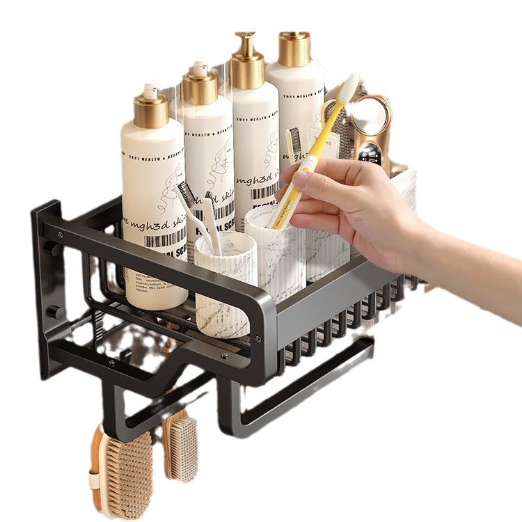 Suport pentru prosoape din aluminiu spațial – montaj fără găuri, set pentru baie, etajeră de depozitare