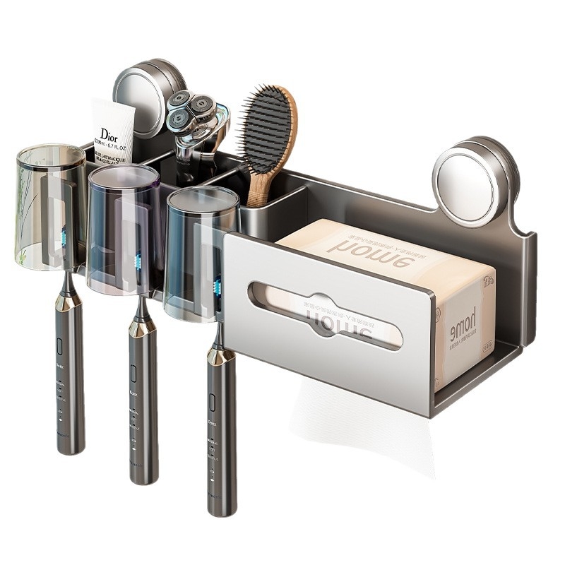 Suport pentru periuțe de dinți și cupe de gură, montaj pe perete, set din două piese (Brand Baihan, Material Aluminiu Spațial, Finisaj: Pulverizare Plastic, Stil: Simplitate Modernă)