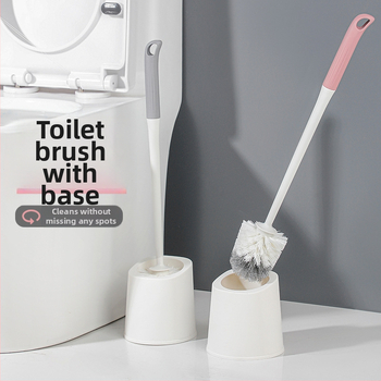 Toaletės šepetėlis su minkštomis šerelėmis, apvali galva, sieninis laikiklis su apsauga nuo purslų, ilgą kotą, su pagrindu, iš plastiko