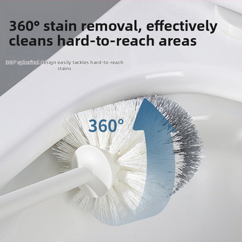 Toaletės šepetėlis su minkštomis šerelėmis, apvali galva, sieninis laikiklis su apsauga nuo purslų, ilgą kotą, su pagrindu, iš plastiko