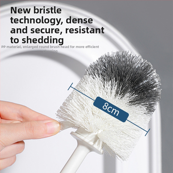 Toaletės šepetėlis su minkštomis šerelėmis, apvali galva, sieninis laikiklis su apsauga nuo purslų, ilgą kotą, su pagrindu, iš plastiko