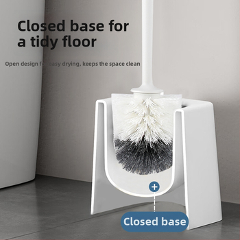 Toaletės šepetėlis su minkštomis šerelėmis, apvali galva, sieninis laikiklis su apsauga nuo purslų, ilgą kotą, su pagrindu, iš plastiko