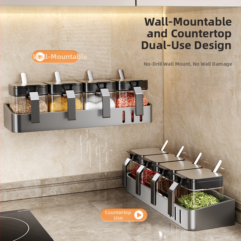 Sieninis nerūdijančio plieno prieskonių laikiklis, druskos indelis ir prieskonių stiklainiai, skirtas kietiems prieskoniams, išleistas 2024 m.