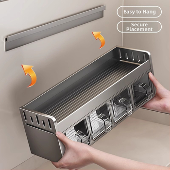 Regál na korenie, hliník, nástenný, bez vŕtania, viacúčelový kuchynský organizér