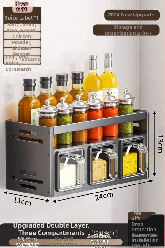 Regál na korenie, hliník, nástenný, bez vŕtania, viacúčelový kuchynský organizér